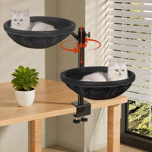 Katzenbett Schreibtisch, Katzen Hängematte mit 360° Drehung & höhenverstellbar, abnehmbares beidseitiges atmungsaktives & gemütliches Katzenbett, Katzenmöbel-Aufsatz für innen, Büroschreibtisch