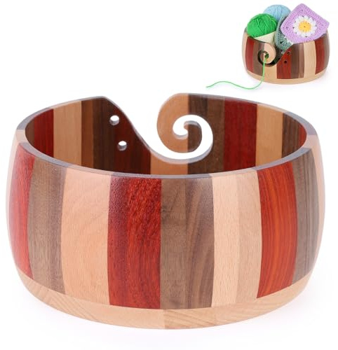 Aeelike Grand Bol Tricot Bois, 21 x 10 cm Bol pour Laine à Tricoter, Rangement pour Fils à Tricoter et Accessoires de Crochet, avec 3 Ouvertures d'accès au Fil