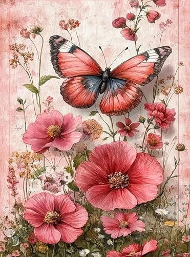 Kit Diamond Painting 5D Mariposa y Flores,Cuadro de Pintura con Diamantes Completo para Adultos y Principiantes,DIY Pintura de Diamante con Círculo Completo,Decoración de paredes para el hogar,30x40cm
