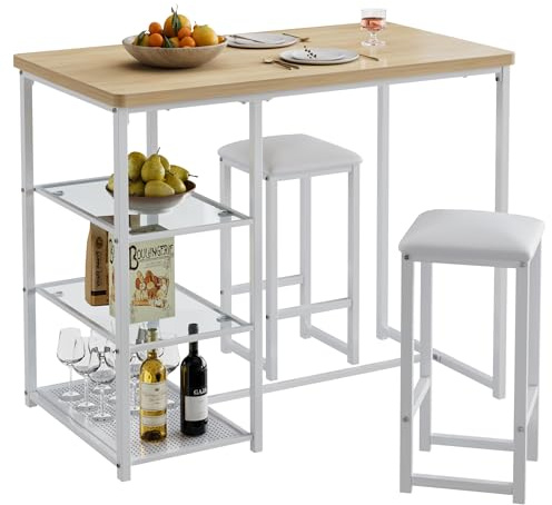 VECELO Small Bar Table and Chairs Set for 2, Upholstered Stools & Glass Storage Shelves, for Kitchen Dining Breakfast Nook, Space-Saving, Natural & White