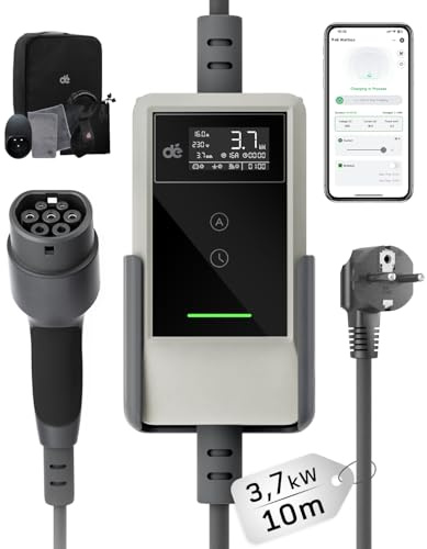 dé 3,7 kW elbilsladdare med app white [10 m, 6–16 A] schuko laddkabel för elbil med väggfäste, digital LCD-laddare av typ 2, kompatibel med E-208, Model Y, E-Tech och andra elbilar med hybridteknik