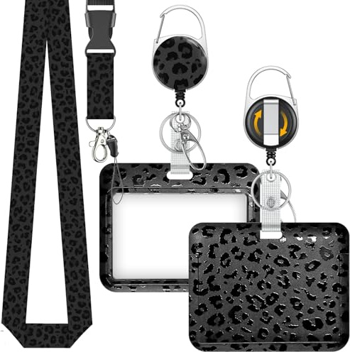 Uniclife Modischer Schiebe Ausweishalter Horizontaler Schwarz Leopard Kartenhalter Plastik Ausziehbar Schlüsselanhänger Abnehmbare Lanyard Strap geprägte Karte Schutz krankenschwester Frauen Lehrer