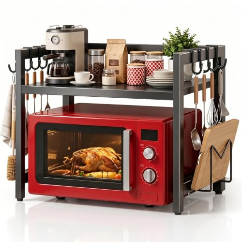 Pippuru Expandable Microwave Shelf, 2 Tier Microwave Stand with 6 Hooks, Air Fryer Shelf Stand, Microwave Oven Rack, Kitchen Countertop Over Microwave Stand Shelf Unit, Bakers Rack