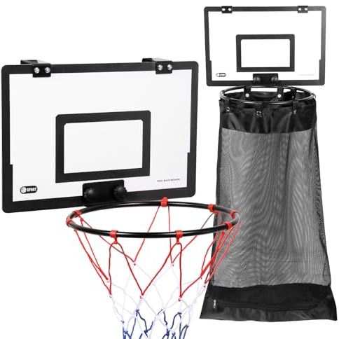 JTWEB Over the Door Basketball Hoop Laundry Hamper Bag with Bottom Zipper, 2-in-1 Hanging Mesh Clothes Basket Storage Organizer Wooden Toy Bin for Kids Bedroom, Teens, College Dorm Room(Black)