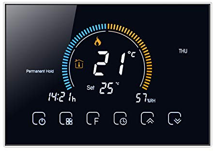 Qiumi WiFi-Wasserthermostat mit Wetterdisplay, UV & Feuchtigkeit | Wandmontage,5A 95-245VAC, kompatibel mit Alexa & Google Home, programmierbarer Regler für Wasserheizung