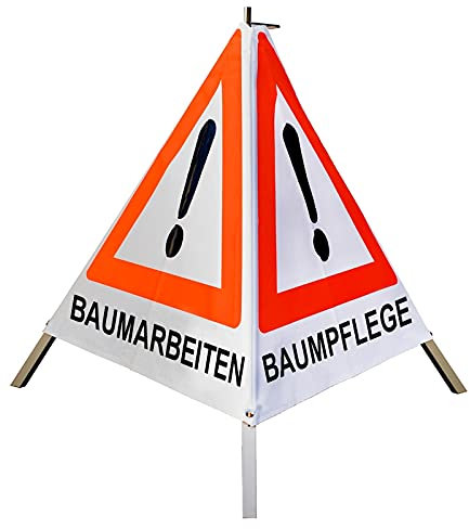 Warnpyramide 90cm - Achtung(VZ101) BAUMARBEITEN/BAUMPFLEGE/BAUMFÄLLUNG - weiß tagesl. schwer