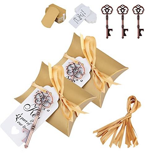 50pcs Wedding Favours Key Bottle Opener Vintage Rose Gold Key Bottle Opener with Candy Bags Tags Gifts for Bridal Shower Party Wedding Banquet Birthday