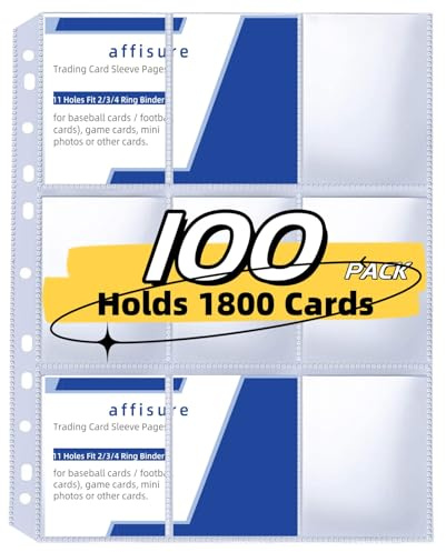 9 Pocket Card Sleeves, Holds 1800 Cards, Trading Card Binder Sleeves, 3 Ring 9 Pocket Pages for Sports Cards, Coupons Cards, 100 Pack, Game