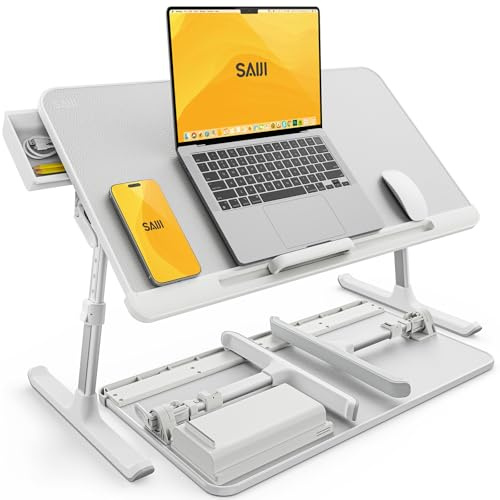 SAIJI Tavolino da letto per computer portatile, regolabile, con cassetto portaoggetti, gambe pieghevoli, piedini per slittino, piano in pelle PVC (bianco)