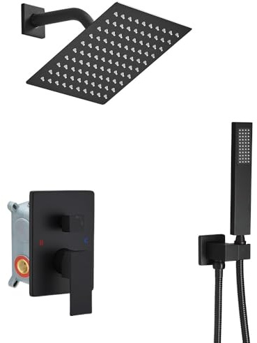 Heable Matte Black Shower System with High Pressure 8'' Rainfall Shower Head, Handheld Shower head, Bathroom Luxury Rain Mixer Shower Combo Set Wall Mounted Shower Faucet Rough-in Valve and Trim Kit
