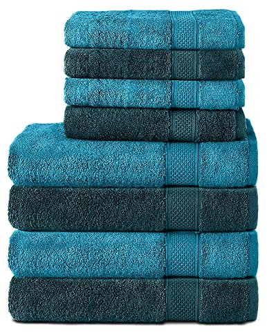 Komfortec Set di 8 asciugamani in 100% cotone, 4 teli da bagno 70 x 140 cm e 4 asciugamani da 50 x 100 cm, spugna morbida, grande, turchese/petrolio