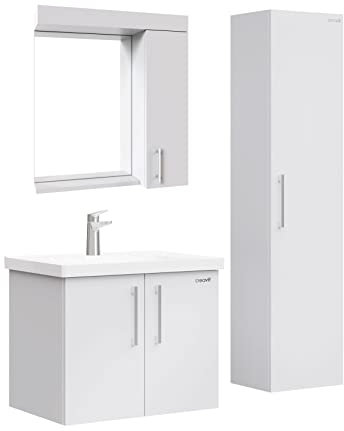 furni24 Badezimmer Badmöbel Set 65 cm Weiß -Waschbecken 65cm Keramik- Unterschrank Hochschrank Waschtisch Möbel - einschließlich Waschtischmischer und Wasserhahn-Sets