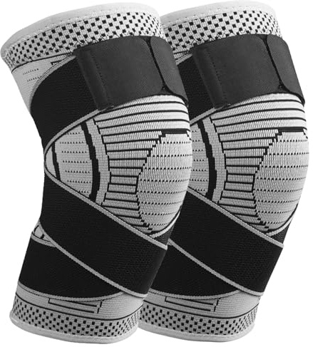 Rodilleras Deportivas para mujer y hombre 2 Pieza Rodilleras menisco y ligamento Elasticidad ajustable Rodillera de Compresión para correr, artrosis, tendinitis(gris, M)