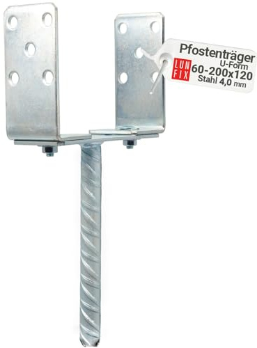 LUN FIX Pfostenträger Verstellbar 60-200 mm 4,0 mm Silber Verzinkter Stahl | U-Form, Einbetonieren, Pfostenanker, Stützenfuß, Balkenschuh, Pfostenschuh Für Holzpfosten Und Zaunpfosten