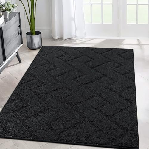 Biscpro Teppich Läufer,80x120cm Waschbarer rutschfest Schmutzfangmatte Teppich läufer für Eingangsbereich Wohnzimmer,Flur,Büro,Schlafzimmer,Küchen-Schwarz