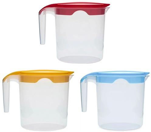 1 Liter Plastic Water Jug with Lid Milk Juices Drinks Fridge Jug Ideal for Everyday Use Indoor Outdoor Party (Blue, Red & Yellow)