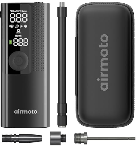 Airmoto and Carrying Case Bundle Deal - Tire Inflator Portable Air Compressor with Hard Case - Air Pump for Car Tires, Motorcycle, Bicycle - Cordless Tire Pump with Tire Pressure Gauge
