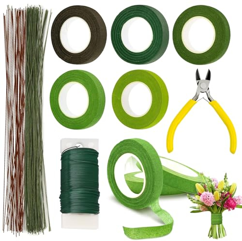 HXC 9 Stücke Floristenband Set Einschließlich Floristenkrepp Blumendraht Grün Basteldraht mit Draht Schneider für Wrapping Blumensträuße und Floralen DIY Handwerken Künstliche Blumen