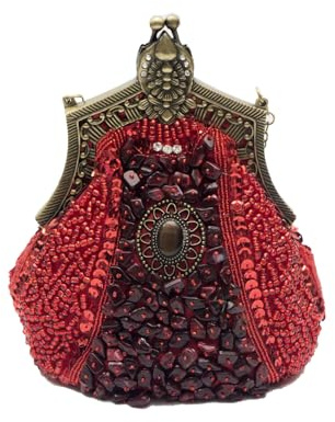CORIOS Vintage 1920s Abendtasche Damen Floral Clutch Tasche Handgemachte Perle Handtasche Elegante Schultertasche Kette Umhängetasche Klein Tasche für Hochzeit Abschlussball Bankett-Party Rot
