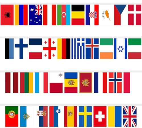 Eurovision Flags Bunting, Eurovision Party Decorations, European Flags Eurovision Song Contest UK 2025 Celebration Themed Fabric Bunting for Garden, Bar, Restaurant Party Decoration (38 National)