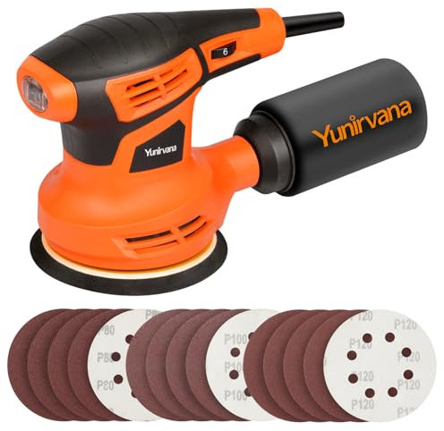 Yunirvana Orbital Sander, 280W Power, 13000 OPM, 6-Speed Random Orbit Sander with 15 Sanding Discs (125mm), Electric Sanding Machine with Dust Collection System for Sanding and Polishing