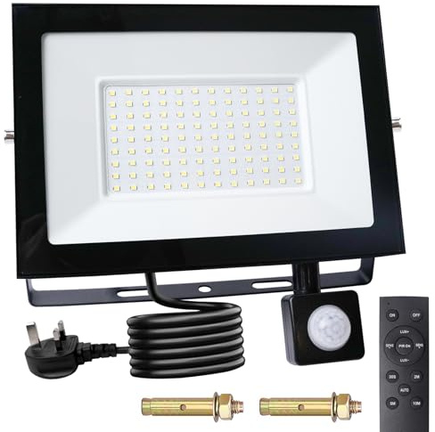 DoRight 100W Security Lights Outdoor Motion Sensor, 5000LM PIR Floodlight with Remote Control IP66 Waterproof Plug in Motion Sensor Outdoor Wall Light Cool White 6000K for Garden, Backyard, Garage