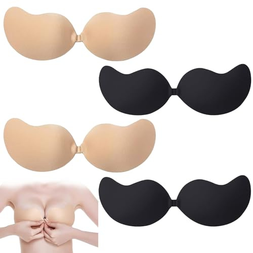 Stick On Bra, Strapless Push Up Bra, 4 Pairs of Black and Skin Color Sticky Bra for Women, Stick On Bra Push Up for Low Cut Dress Weddings Parties Dances (UK, Cup & Band, A, Black and Nude Colors)