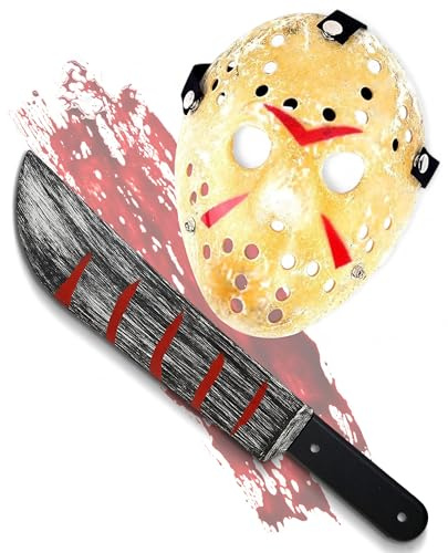 Mega_Jumble Adult Jason Voorhees Mask & Bloody Machete Props - Creepy Halloween Demon Killer Horror Scary Party Fancy Dress Costume (Jason Mask & Machete 50cm)