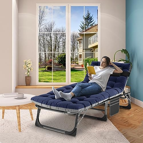 Meulbaty Liege Klappbar – 200 kg Tragkraft, Sonnenliege (Blaue Pleuche) | Klappbare Gästebett mit Matratze, Seitentaschen, verstellbarer Kopfstütze und Rückenlehne für Büro, Terrasse, Garten, Camping