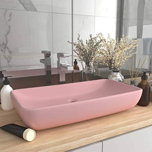 HaoChrymec Luxus-Waschbecken mit Matt Rosa Oberfläche, Rechteckig, Keramik, Aufsatzwaschbecken für Badezimmer, Gäste WC, Handwaschbecken, 71 x 38 cm