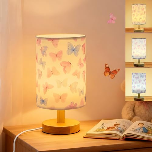 Butterfly Kids Table Lamp for Bedroom Kids Bedside Lamps 3 Colors Dimmable Nightstand Night Light with Cartoon Flaxen Fabric Shade Desk Lamp for Girls Boys Room Nursery Decor,Butterfly Gifts for Girls