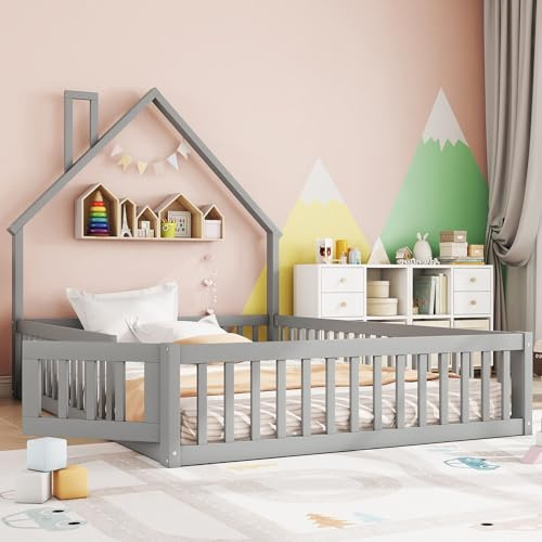 Merax Kinderbett Bodenbett 140x200 cm Hausbett mit Rausfallschutz & Lattenrost, Schornsteinform, öffnbarem Zaun - Montessori Bett, Jugendbett, Holz Bettgestell(ohne Matratze), Grau