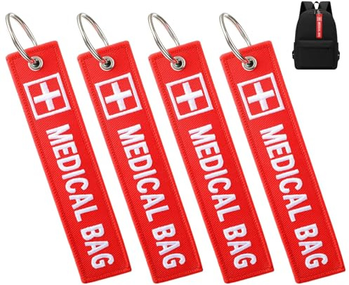 4PCS Medical Alert Bag Tag Double-Sided Medical Equipment Luggage ID Tag Red Keychains Label for Backpacks Purse Travel