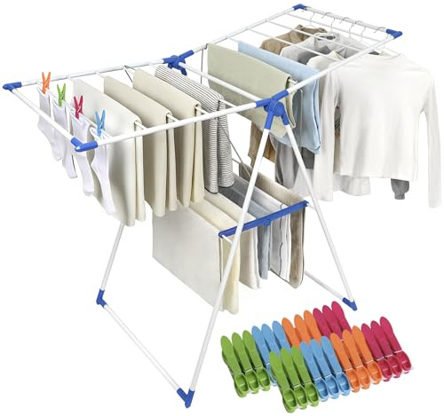 TELANZA Drying Rack Clothing, Clothes Drying Rack Foldable, Includes 24 Clothespins, Space-Saving Free-Standing, 2 Height-Adjustable Gullwings, Indoor Outdoor Use