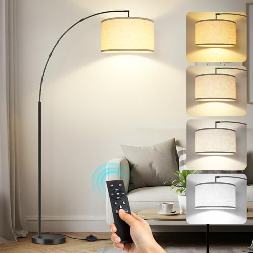 OUTON 81 Arc Floor Lamp, 12W 1080LM LED Dimmable Floor Lamp with 16 Beige Lampshade, Remote Control & Foot Switch, 4 Colour Temperatures, Tall Standing Lamp for Living Room Bedroom Office, Black