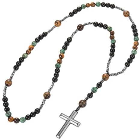 Générique Collier Croix En Pierre Naturelle Turquoise Africaine/Œil De Tigre/Onyx Noir, Chapelet Pour Homme Et Femme, Fait Main, Bijou Religieux, Cadeau, Turquoise Africaine 60 Cm