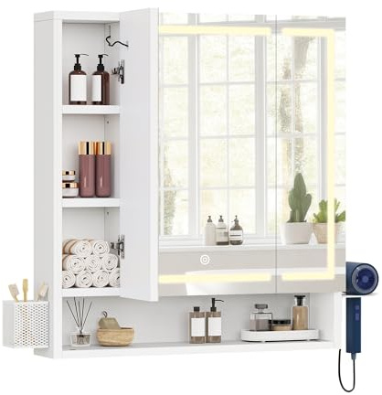 YITAHOME Spiegelschrank Bad mit Beleuchtung, 3 Türen LED Badezimmer Spiegelschrank, Steckdosen, Hängender Badezimmerschrank, Wandschrank, Badezimmerspiegel, 70W x 15D x 75H cm, Weiß