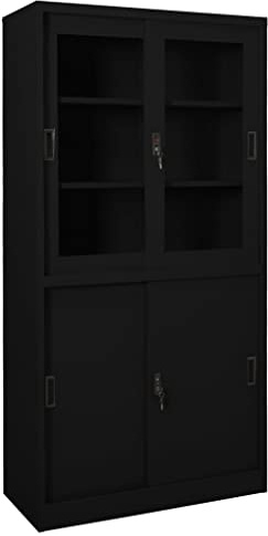 mtlskopl Armadio da ufficio con anta scorrevole, nero, 90 x 40 x 180 cm, in acciaio e vetro, spazio di archiviazione bloccabile, portata 150 kg, design moderno per casa, officina e balcone