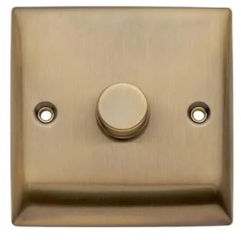 Britelite Single Dimmer Switch, 1 Gang 2 Way, Antique Brass | Trailing-edge rotary control for LED and halogen bulbs; suitable for domestic and commercial use; steel construction.