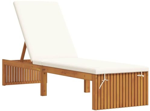 Foknhdi Lettino da giardino in legno massiccio di acacia, 200 x 55 x 94 cm, regolabile, con cuscino, resistente alle intemperie, per giardino, terrazza, balcone, finitura naturale