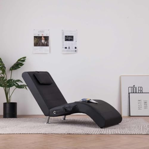 Tonture massage-schäslong med kudde, svart konstläder, ergonomiskt vadderad, justerbar med värmefunktion och 5 massagelägen, ben av galvaniserat stål, 144 x 59 x 79 cm, perfekt för vardagsrum