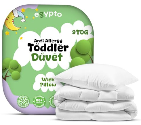 EGYPTO 9 Tog Anti-Allergy Cot Duvet and Pillow Set – Soft & Lightweight Toddler Duvet – Machine Washable – Cot Bed Duvet for Children, Toddlers (120cm x 150cm, 9 TOG)