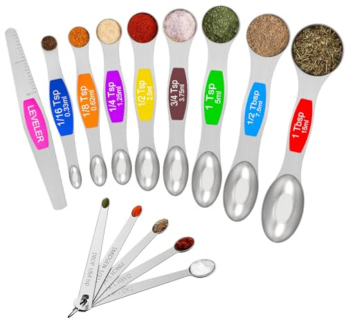 Wildone - Juego de 14 cucharas medidoras de acero inoxidable, incluye 8 cucharas dobles, 1 nivelador y 5 mini cucharas medidoras, para ingredientes secos y líquidos, cabe en tarro de especias