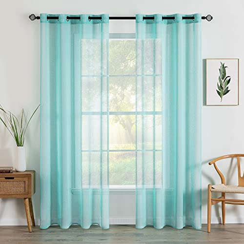 MIULEE Kurzvorhang mit Ösen transparent 140x160 cm 2er Set Türkis | Sheer Voile Kurzgardine und Ösenschal, lichtdurchlässiger luftig Vorhang für Küche, Wohnzimmer, Schlafzimmer, Bad, dekorativ