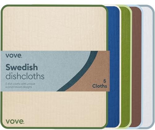 Vove Swedish Dishcloths 5 Pack, Essential Neutrals – FSC-certified Cellulose & Cotton, OEKO-TEX Standard 100, Reusable, Washable Kitchen Cloths for Washing Up, Eco-friendly Floral