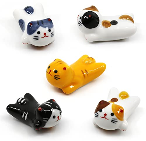 5 Piece Lucky Cat Chopstick Rest Set, Ceramic Japanese Tableware Holders