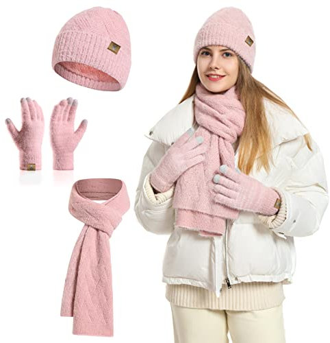 INSISMY Mütze Schal Set und Handschuhe für Damen Beanie Mütze Winter mit Fleecefutter and Touchscreen Handschuhe Langer Schal 3 in 1 Set