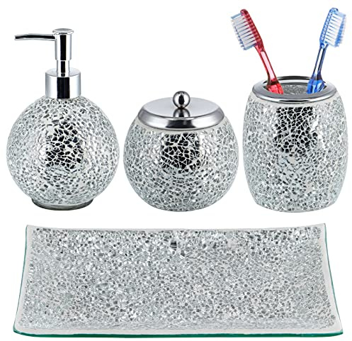 Sanbege Luxuriöses, modernes Mosaik-Glas-Badezimmer-Set mit Seifenspender, Baumwolldose, Zahnbürstenhalter und Tablett für den Waschtisch (Silber glänzend)