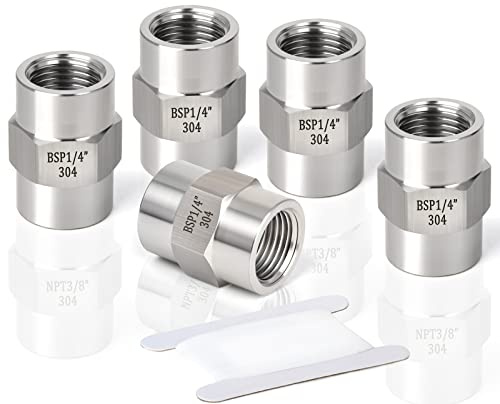 ERGAOBOY 5 Piezas 1/4 BSP Hembra a Hembra Manguito Hexagonal, Adaptador de Conexión de Tubería de Acero Inoxidable 304 para Fontanería Industrial