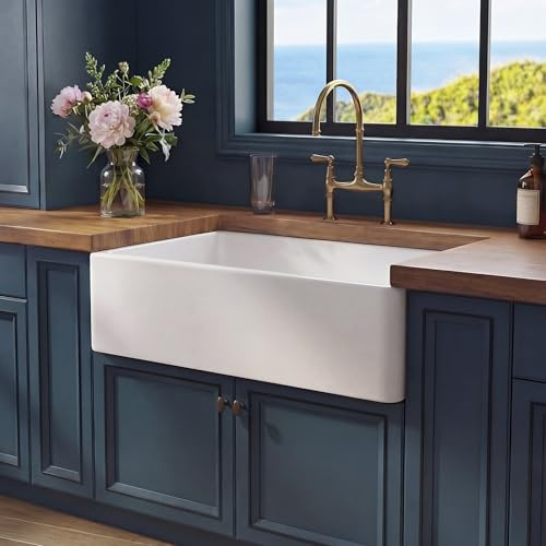 Miuara Farmhouse Sink 30 Inch - White Apron Front Undermount Kitchen Sink Reversible 30x18x10, Farm House Style Single Bowl, Heavy Duty Solid Fireclay, Glossy White, for Kitchen